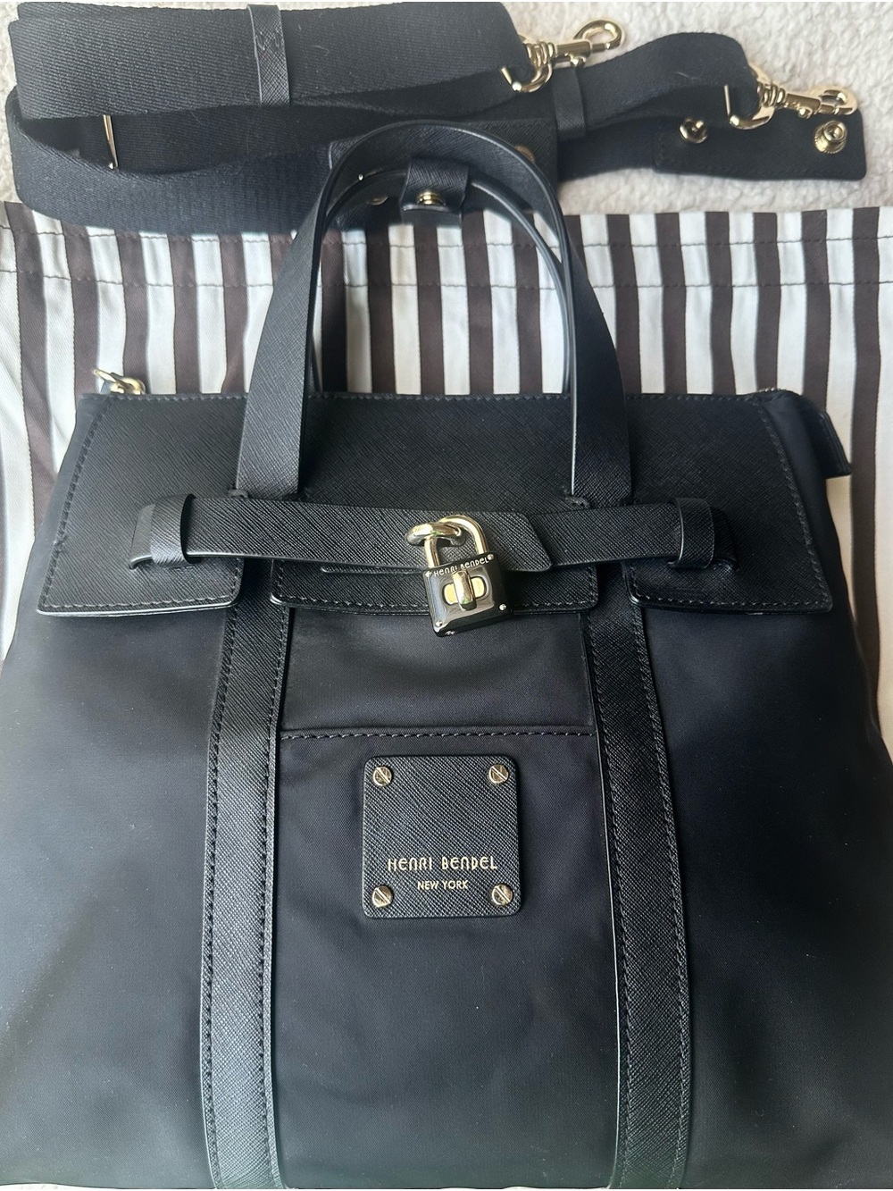 Henri Bendel Jetsetter 3-Way Convertible Backpack Black Nylon Saffiano Leather